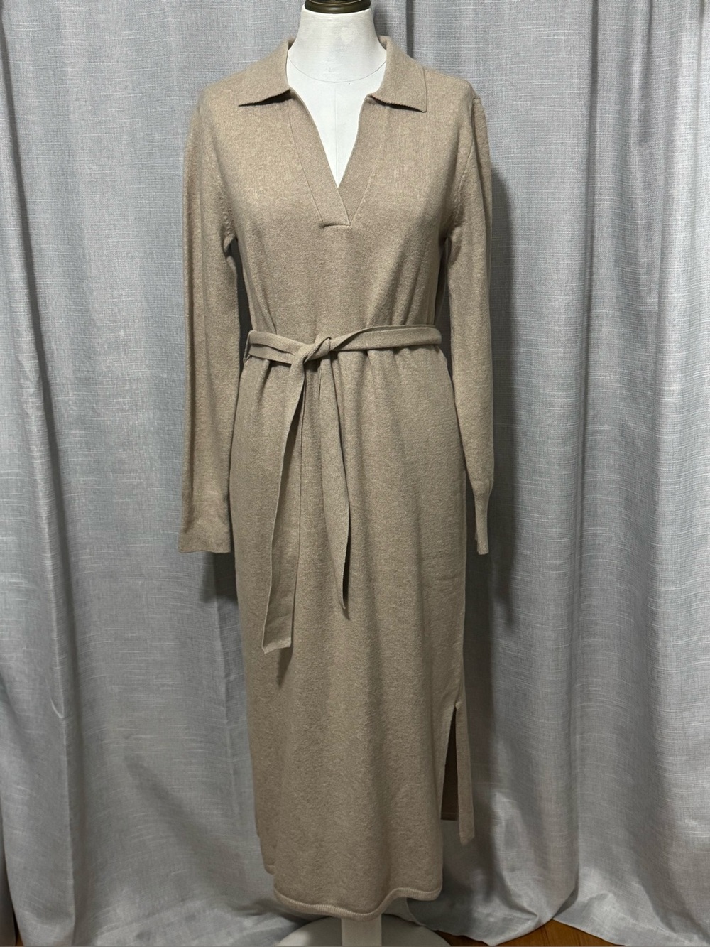Faherty Jackson Sweater Dress-S-Tan-Cotton blend-Side Slits-V Neck/Collar-EUC